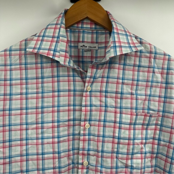 Peter Millar Men's Shirt Size Large Pink Blue Plaid‎ Long Sleeve Button Up - Picture 2 of 6